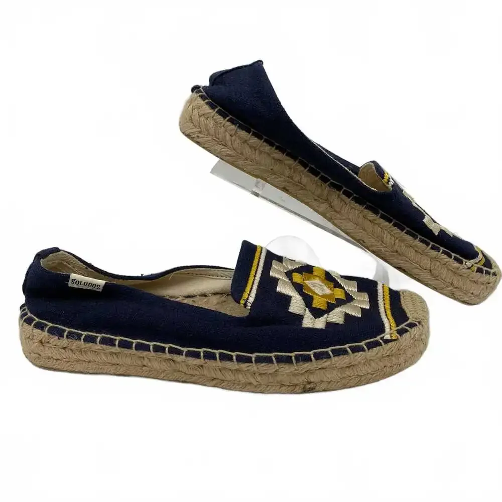 Soludos Navy Blue Yellow Embroidered Espadrille Flats | Women’s 7